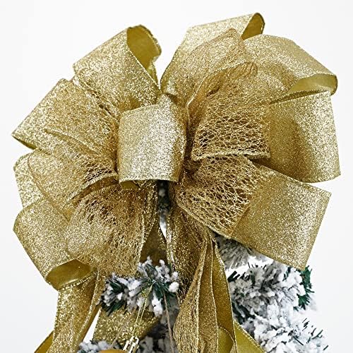 MEEDEE Gold Glitter Christmas Tree Topper - 12" Wide Snowflake Ribbon Bow - Large Gold Bows for Christmas Tree Decoration (1 Pack) - Image 5