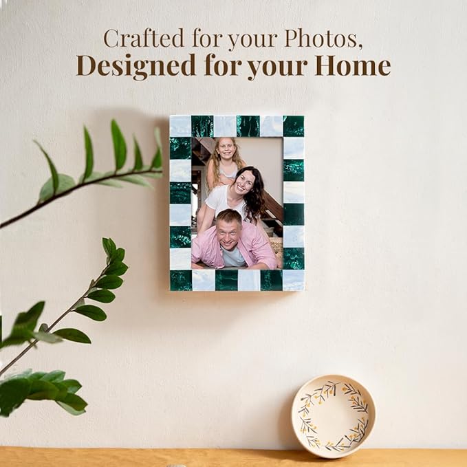 Folkulture Picture Frame | Stylish Marble Resin Unique 5x7 Photo Frame | Modern Wall Decor - Aesthetic Birthday Gift | Forest Fall Green & Pastel Blue Photo Frame | Boho Living Room Home Decor