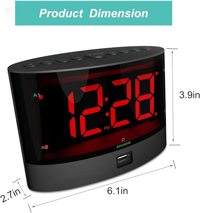 ANJANK Extra Loud Alarm Clock for Heavy Sleepers, Wireless Bed Shaker, Vibrating Dual Alarm, Deaf and Hearing-impaired, Adjustable Volume/Dimmer/Wake up Mode, USB Charger Port - Image 6
