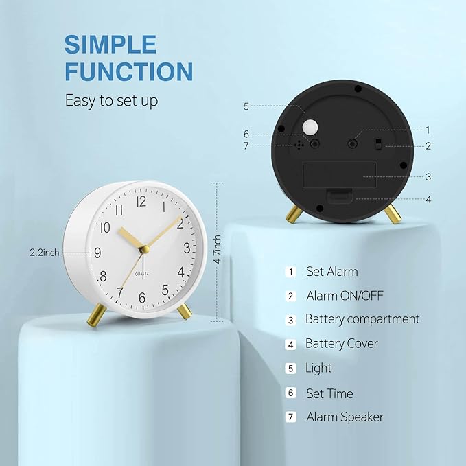 Analog Alarm Clock, Super Silent Non Ticking with Night Light, Battery Operated, Bedroom Clock,Fashionable Round Metal Alarm Clock for Office, Elderly, Adults, Children, School Gift