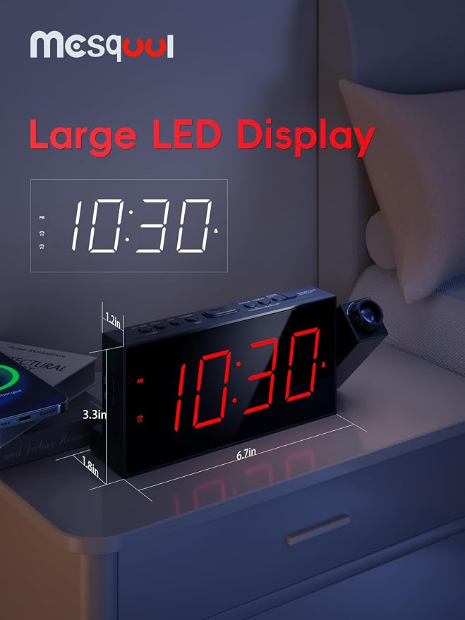 Mesqool Projection Alarm Clock with Loud Bed Shaker, Dual Alarms | 5-level Dimmer, USB charger, Snooze & DST, Loud Vibrating Alarm with Battery Backup, Perfect for Heavy Sleepers - Image 2