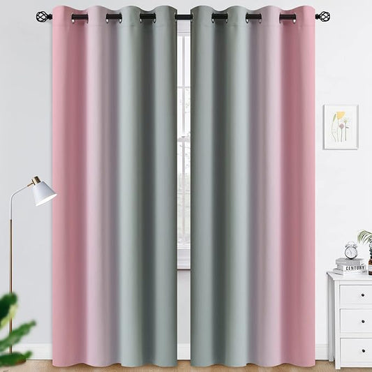 COSVIYA Grommet Ombre Room Darkening Curtains 84 inches Length for Living Room, Polyester Light Blocking Pink and Grey Gradient Window Drapes/Curtains for Kids/Girls Bedroom, 2 Panels, 52x84inches