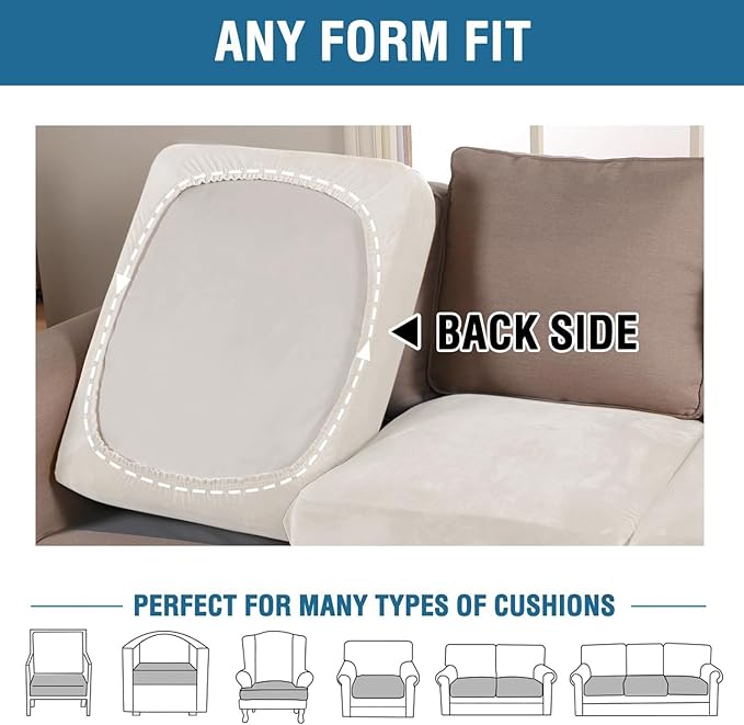 H.VERSAILTEX Velvet Stretch Couch Cushion Cover Plush Cushion Slipcover for Chair Loveseat Sofa Cushion Furniture Protector Seat Cushion Sofa Cover (3 Piece XL Sofa Cushion Covers, Porcelain White)