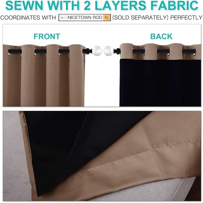 NICETOWN Total Blackout Panels for Nursery, Super Soft, Heavy Duty and Thick Window Treatment Curtains 63 inches Long with Black Lined for Basement, (1 Pair, Cappuccino, 70 inches Wide Each Panel)