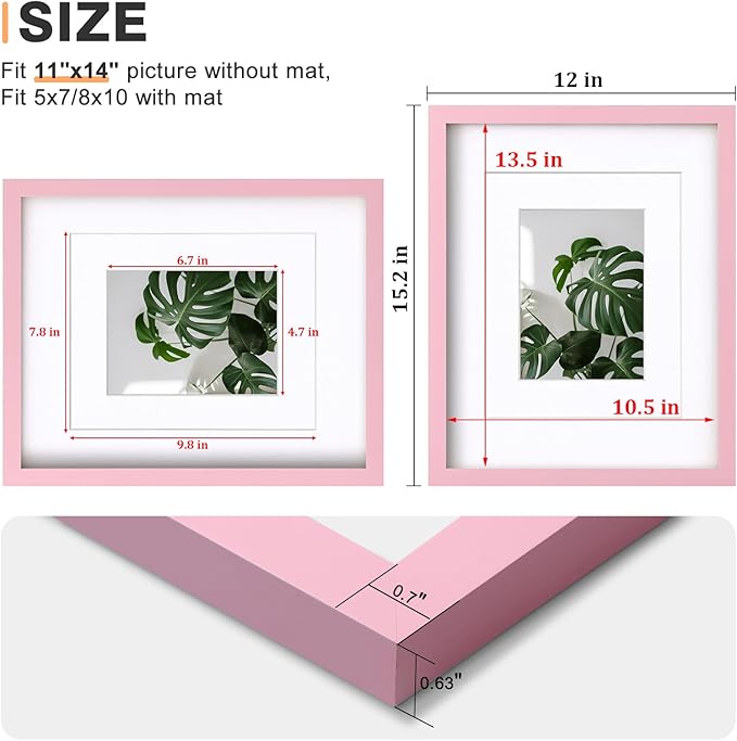 Egofine 11x14 Picture Frames with Plexiglass, Display Pictures 5x7/8x10 with Mat or 11x14 Without Mat Set of 4 for Tabletop and Wall Mounting, Pink