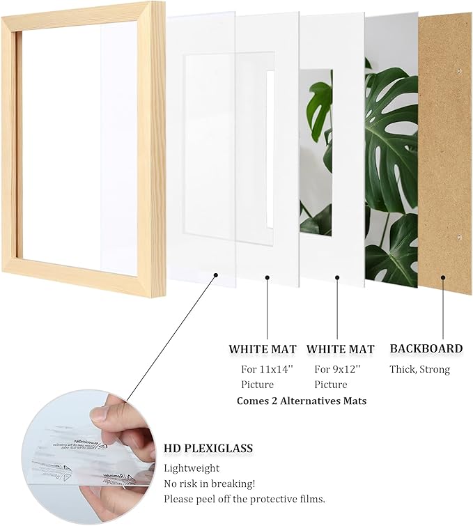 Egofine 12x16 Picture Frames Natural Wood Set of 2, Solid Wood Frames Covered by plexiglass, Display photos 9x12/11x14 with Mat or 12x16 without mat, for Wall Mounting