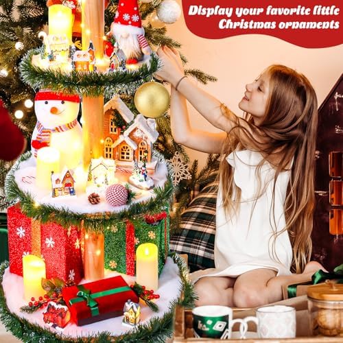 Christmas Tree Xmas Display Stand with Snow Blanket Garland and String Light DIY Wooden Village Display Shelves for Holiday Decoration(4 Tier, 4 ft) - Image 4