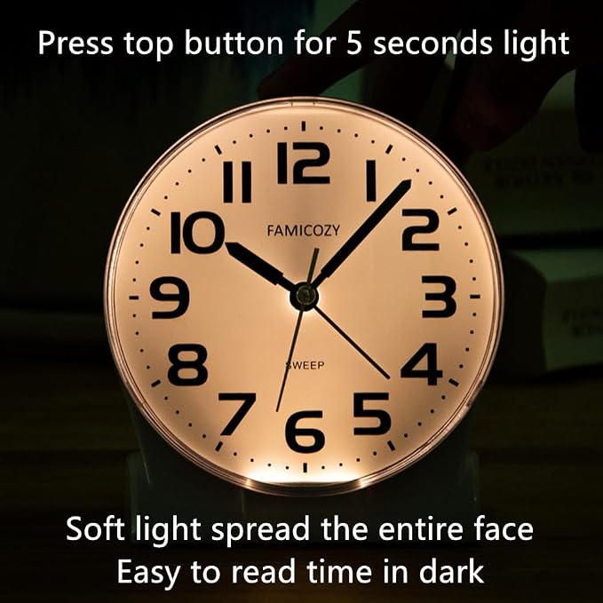 FAMICOZY 4.5" No Ticking Analog Alarm Clock,Silent Readable for Seniors,Easy to Set,Gradual Rise Alarm,Big Numbers,On/Off Switch on Side,Gentle Wake,Snooze Soft Backlight,Battery Operated,White - Image 5