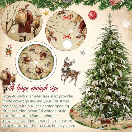 Christmas Tree Skirt, 48 Inch Vintage Santa Deer Xmas Tree Mat - Image 3