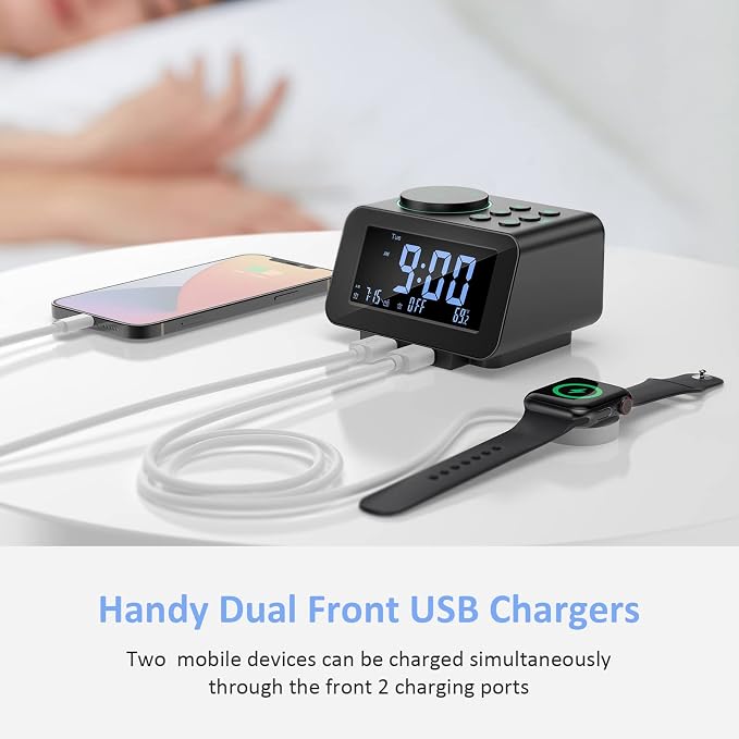uscce Digital Dual Alarm Clock Radio for Bedrooms with 0-100% Dimmer | FM Radio with Weekday/Weekend Mode & 2 USB Charging Port & 6 Sound Adjustable Volume & Sleep Timer Temperature Battery Backup - Image 7