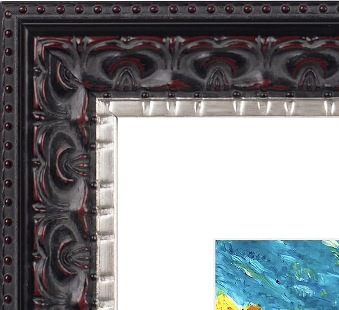 Golden State Art, 11x14 Ornate Finish Photo Frame with White Mat for 8x10 Picture & Real Glass. Color: Black with Silver & Burgundy