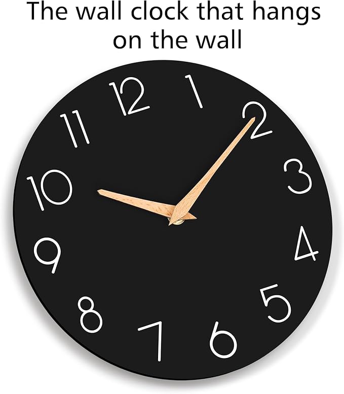 Wall Clock, 10 Inch Wooden Silent Non-Ticking, Decorative Battery Operated Wall Clocks for Bedroom, Kitchen, Home, Living Room, Office, School, Hotel (Black)