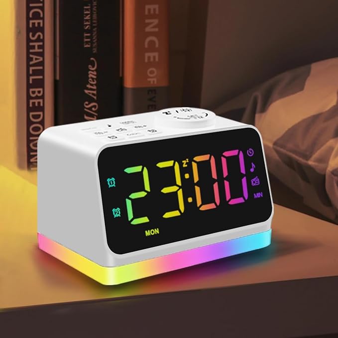 JALL Digital Alarm Clock with FM Radio for Bedroom, 8 Colors Night Light with 2 Charging Port, Sleep Sound Machines with Timer, Dual Alarm, Loud Alarm and Easy to Use for Seniors as Gift by JALL