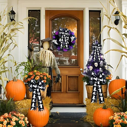 Large Halloween Tree Topper Bow, Black White Ghost Wreath Bow - Image 3