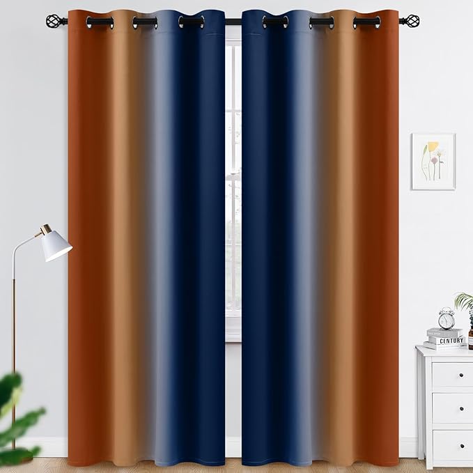 COSVIA Curtains & Drapes Dark Blue & Burnt Orange 84 inch Length 2 Panels, Full Room Darkening Grommet Insulated Thermal Window Curtains for Bedroom/Living Room, 52x84inches