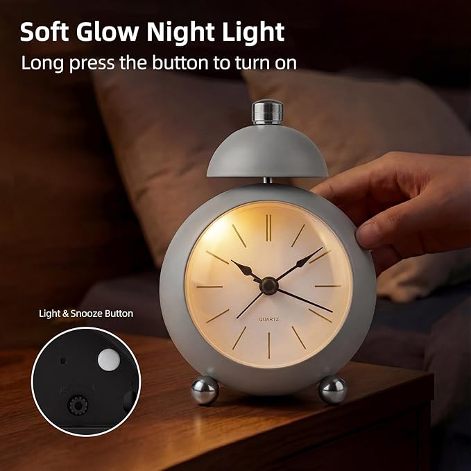 Analog Alarm Clock, Mid-Century Modern Desk Clock, Silent Non-Ticking Quartz Table Clock with Black Hands, Battery Operated Decorative Clock for Bedroom, Office, Living Room (Grey)