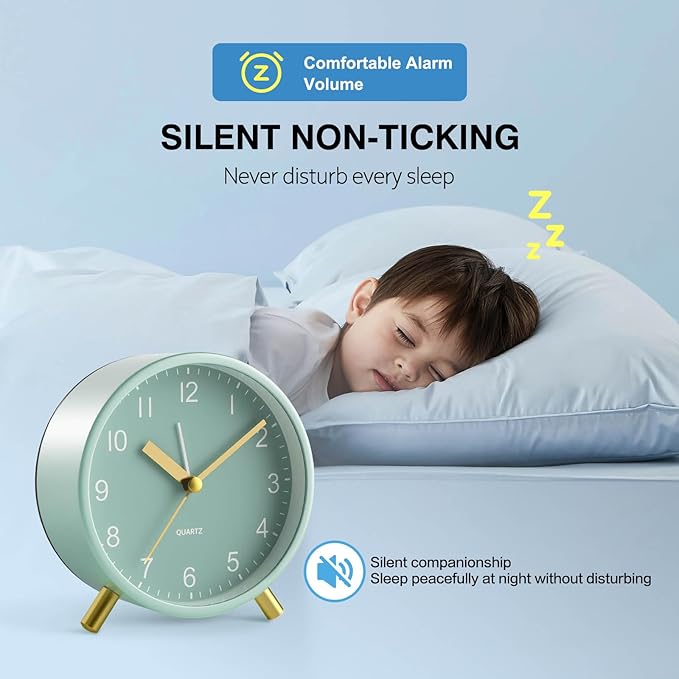 Analog Alarm Clock, Super Silent Non Ticking with Night Light, Battery Operated, Bedroom Clock,Fashionable Round Metal Alarm Clock for Office, Elderly, Adults, Children, School Gift