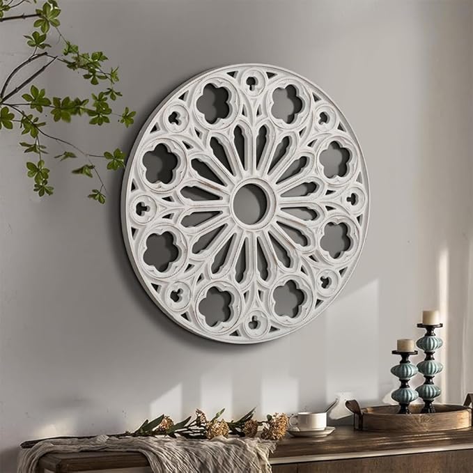 XIAOAIKA Wood Round Decorative Wall Sculpture, Hand-Carved Floral Geometric Design with Distressed White Finish, Vintage Farmhouse Boho Wall Art for Living Room Bedroom Hallway, 24 Inch