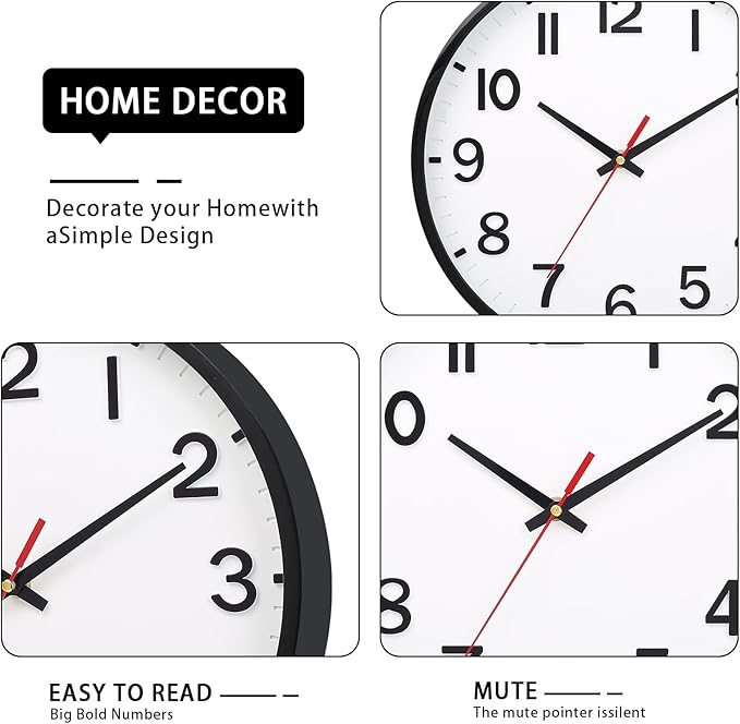 Wall Clocks Battery Operated 8 inch Modern Wall Clock,Silent Non Ticking Wall Clock for Living Room Bedroom Kitchen Office Classroom Decor (White and Black)