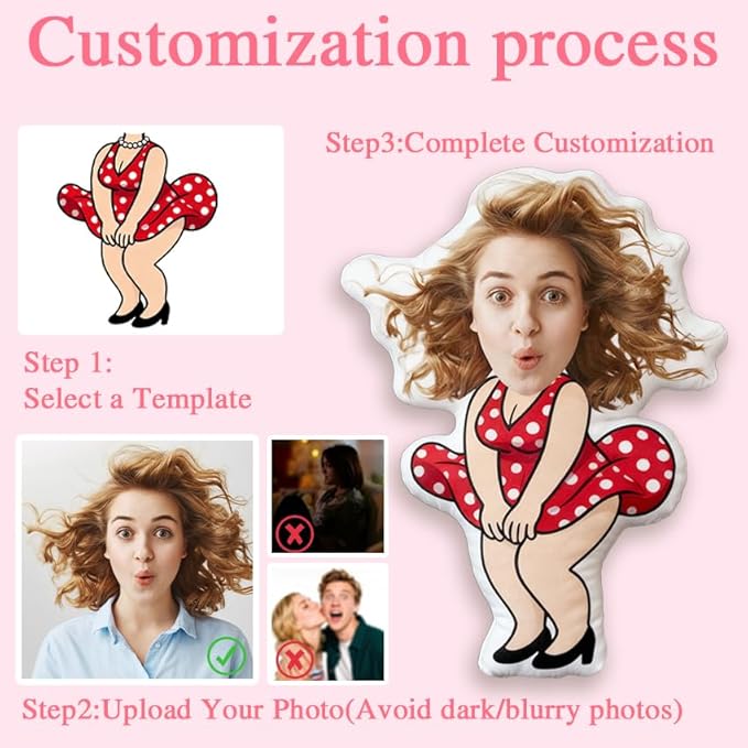 Custom Face Pillow with Body - Funny for Mom Grandma - Custom Pillow with Picture - Personalized Gag Gifts - Customized Stuffed Animal for Home Bed Sofa Decor (Face)