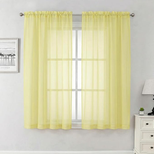 Lecloud Goose Yellow Sheer Curtains 63 Inch Length 2 Panels, Light Filtering Voile Bedroom Curtains with Rod Pocket, Airy Farmhouse Window Drapes for Living Room Dining Room, Each Panel 42" W x 63" L