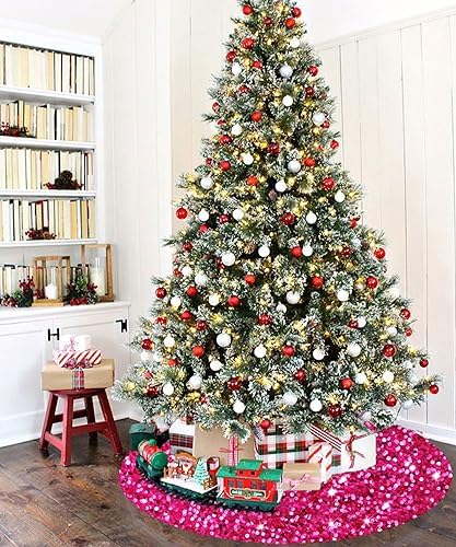 FANPROMS Hot Pink Christmas Tree Skirt Sequin 21 Inch Double Sided Velvet Tree Skirts for Small Tabletop Christmas Tree Glitter Pink Xmas Tree Base Cover for Christmas Holiday Party Decorations - Image 4
