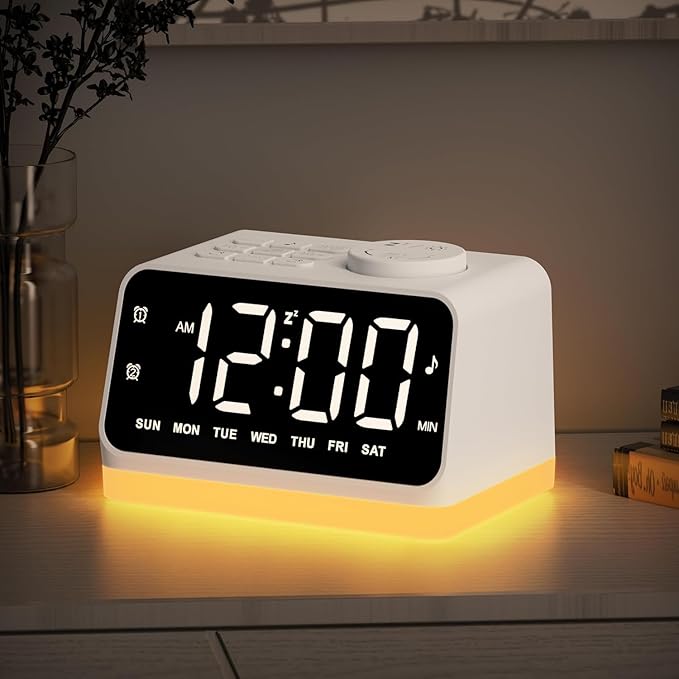 JALL Digital Alarm Clock with FM Radio for Bedroom, 8 Colors Night Light with Charging Port, Sleep Sound Machines with Timer, Dual Alarm (White with White Font) by JALL