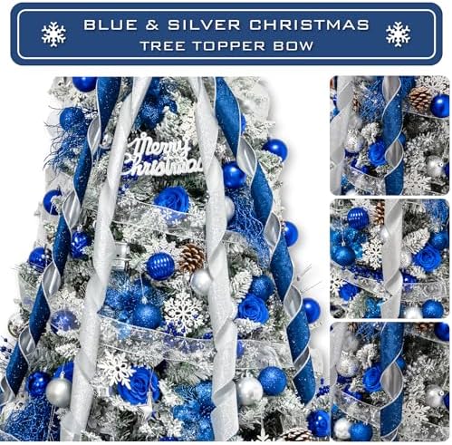 Hismir Large Christmas Tree Topper Bow，Blue & Silver 53x13 Inches - Image 3