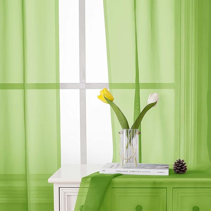 Lecloud Lime Sheer Curtains 96 Inches Long 2 Panels, Dual Rod Pockets Living Room Decor Light Filtering Curtains, Elegant Solid Color Window Treatment Drapes for Bedroom, Each Panel 42" W x 96" L
