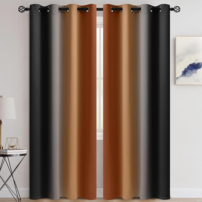 COSVIYA Blackout Drapes Burnt Orange and Black Curtains 84 inch Length 2 Panels,Full Room Darkening Grommet Insulated Thermal Window Treatments for Bedroom/Living Room,52x84 inches