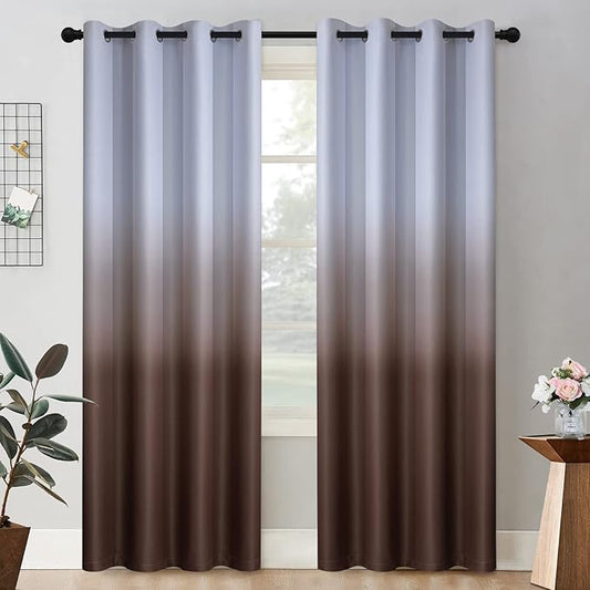 COSVIYA Grommet Ombre Room Darkening Curtains 84 inc h Length 2 Panels, Gradient Drapes Brown and Grayish White Light Blocking Insulated Thermal Window Curtains for Bedroom/Living Room,52x84 inches