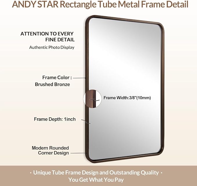 ANDY STAR Bronze Bathroom Mirror, 24X36 Bronze Vanity Mirror for Wall, Rounded Rectangle Mirror Tube Metal Frame Hang Vertically or Horizontally