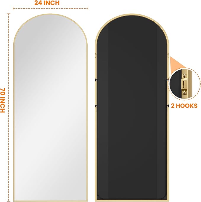 TRAHOME Full Length Arched Mirror, 70"x24" Standing Floor Full Body Mirror for Wall with Aluminum Alloy Frame for Bedroom, Living Room, Dressing Room(Gold)