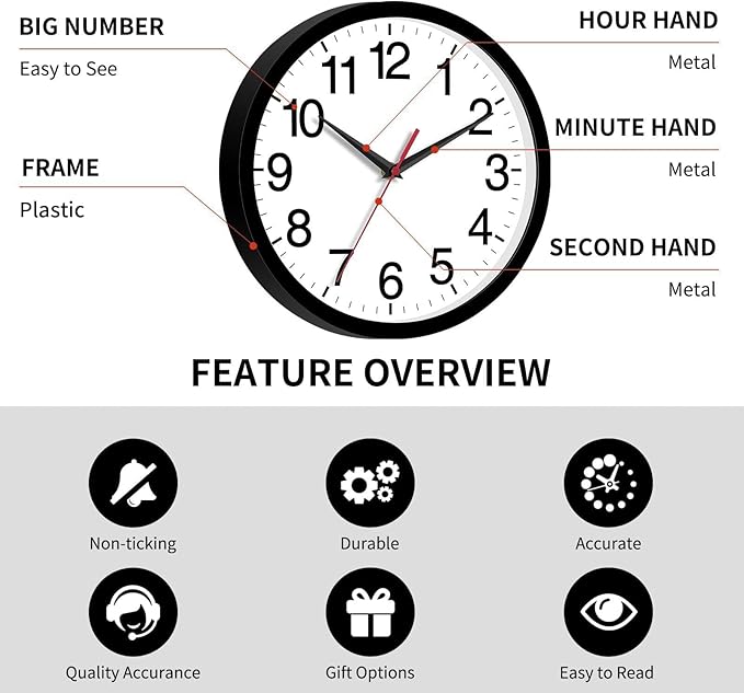 Wall Clock Modern 8 Inch Battery Operated Silent Non Ticking Small Analog Clock for Living Room Office Home Bedroom Kitchen Bathroom(Black)
