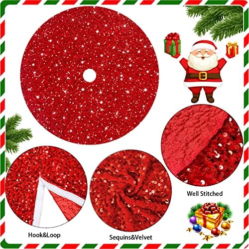 Christmas Tree Skirt Red 46 Inches Velvet Sequins Tree Skirts Christmas Thanksgiving Party Tree Decorative Velour Fabric Glitter Tree Mat for Outdoor Indoor Party Vintage Round Christmas Tree Skirt - Image 5