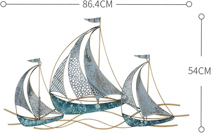 WANGLE Metal Sailboat Wall Decor, 3D Nautical Ship Wall Sculptures, 34.02" L x 21.26" H Handmade Coastal Beach Sailboat Wall Art Decor School Home Hotel Living Room Bedroom Dining Room,A