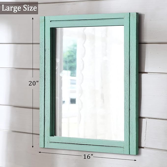 AAZZKANG Rectangle Wall Mirror with Wood Framed Modern Hanging Mirrors Decor for Bedroom Bathroom Living Room Entrance Green Large 20"x16"