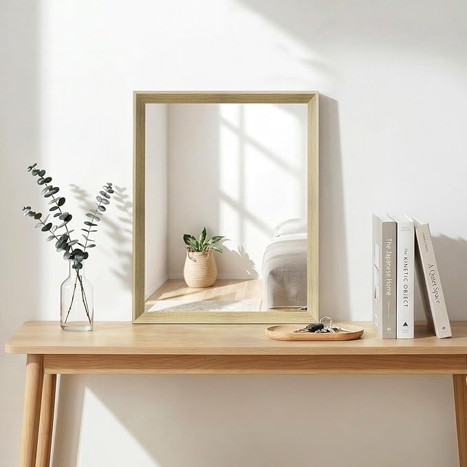 Oak Wood Effect Framed Wall Mirror, 16x20 Rectangle Mirror, 1/8"Anti-desilvering Tempered Glass, Sustainable& Sturdy Frame, Farmhouse Mirror, Anti-Rust, 3min Fast Setup for Bathroom Living Room