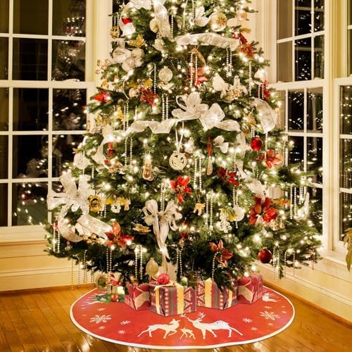 Christmas Tree Skirt Soft Reindeer Tree Skirt for Christmas Pencil Tree Winter Party Home Decoration, 36In, Red - Image 2