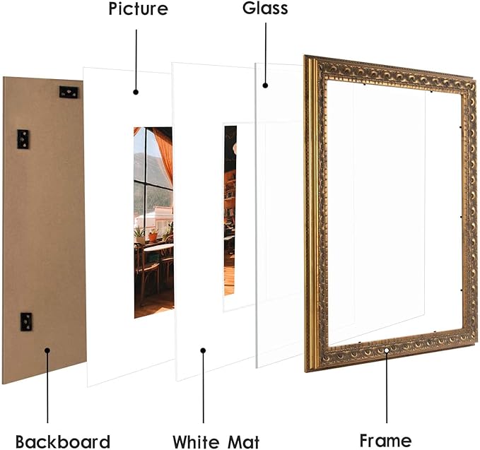 Golden State Art, 12x16 Ornate Bronze Color Frame - White Mat for 8x12 Photo - Complex Molding Design - Wall Mounting - Portrait/Landscape - Tempered Glass