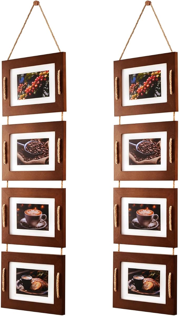DLQuarts 5x7 Hanging Collage Picture Frames Wall Decor, 4-Opening 5x7 Matted to 3.5x5 Photo Rustic Wood Frame with Hemp Rope, 2 Pack, Dark Walnut