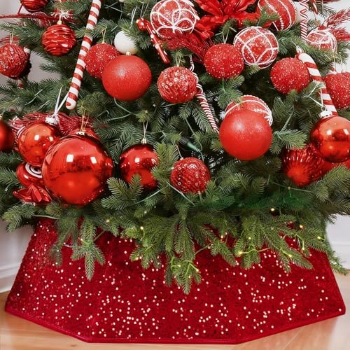 Christmas Tree Collar with Sparkling Sequin Tree Skirt for Holiday Home Decor Xmas Tree Ring (Red, X-Large) by SunshineDecor