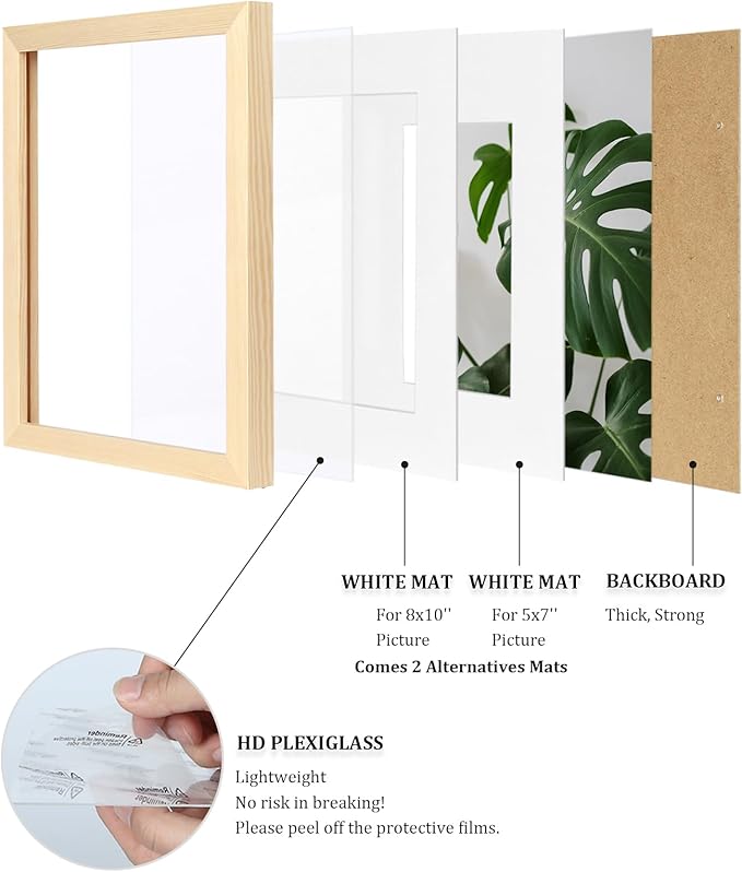 Egofine 11x14 Picture Frames Natural Wood 2 PCS Made of Solid Wood Covered by Plexiglass - for Table Top and Wall Mounting for Pictures 8x10 or 5x7 with Mat Horizontally or Vertically Display Photo