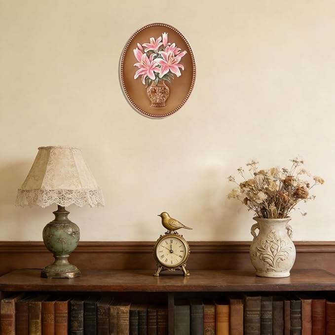 SIKOO Vintage Wall Sculptures Bronze Gold Lily Wall Art Hand Painted Ornate Wall Hanging Decoration Antique Pediment Wall Statue Ornament Decor Gallery for Kitchen Bedroom Living Room
