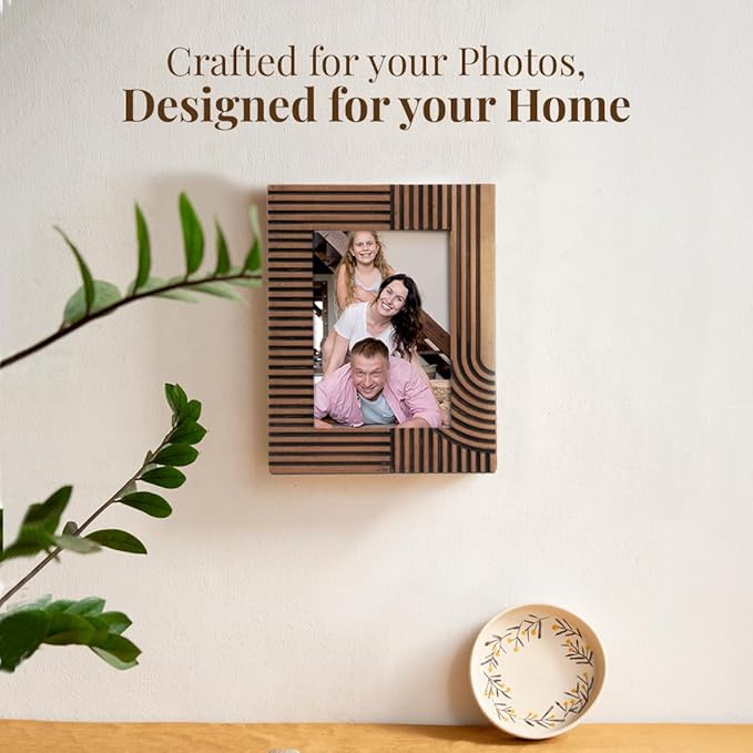 Folkulture MDF Photo Frame for Wall or Tabletop | Linear Tales 5x7 Modern Wooden Picture Frame with Plexiglass | Vertical & Horizontal Display | Handmade House Warming Gifts