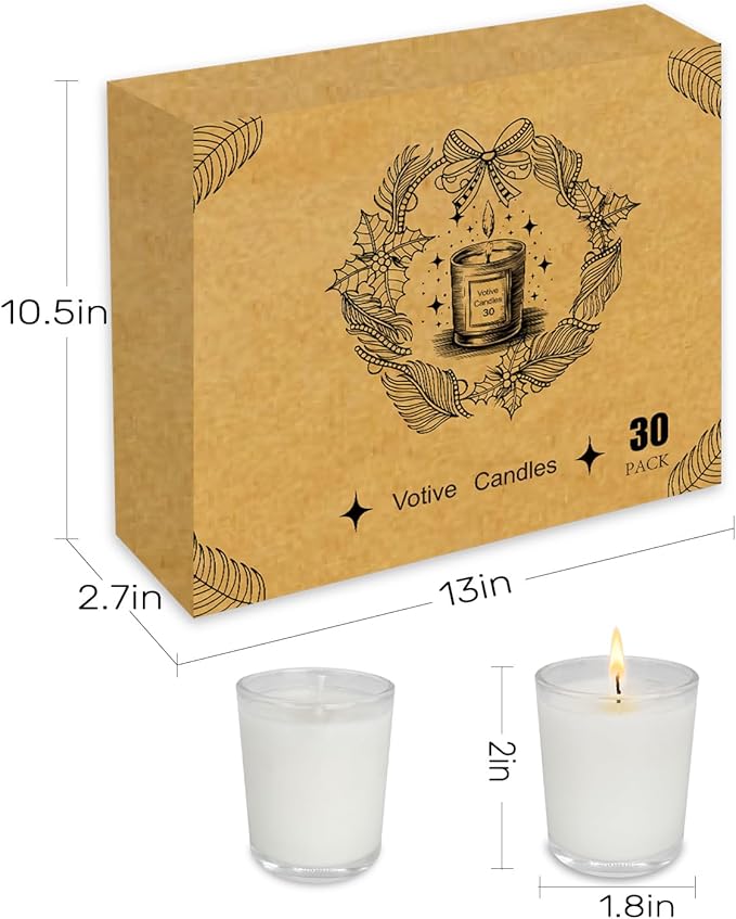Set of 30 White Votive Candles Clear Glass Filled Unscented Soy Wax Candle for Home Décor Spa Weddings Birthday Holidays Party and DIY