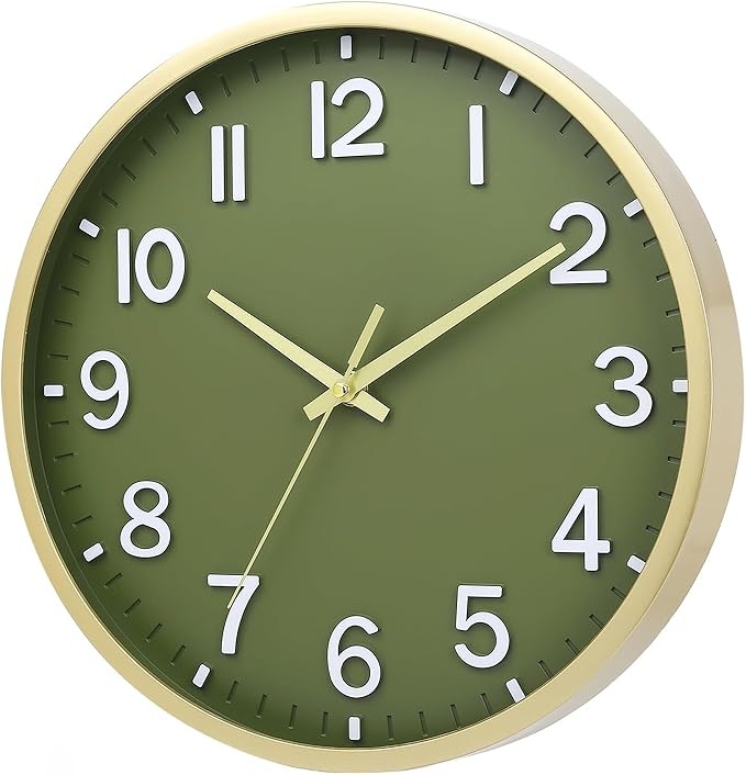 Wall Clocks Battery Operated 12 inch Modern Wall Clock,Silent Non Ticking Wall Clock for Living Room Bedroom Kitchen Office Classroom Decor (Green Gold)