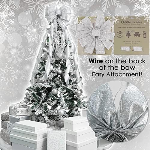MEEDEE Silver Christmas Tree Topper Silver Glitter Christmas Bows 12" Wide Snowflake Ribbon Bow Silver Christmas Bows Silver Tree Topper Silver Bows for Christmas Tree (1 Pack) - Image 4