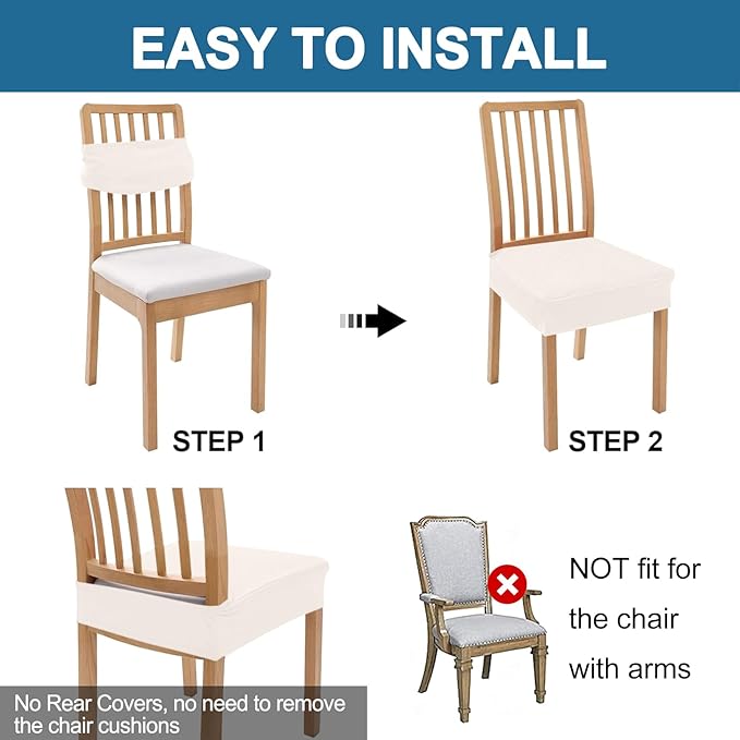 Smiry Waterproof Seat Covers for Dining Room Chairs Set of 6, Stretch Jacquard Removable Washable Chair Seat Slipcovers Protector, No Rear Covers, Ivory