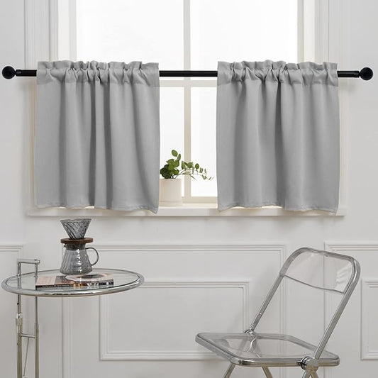 Pickluc Light Grey Cafe Curtain - Half Window, 36x30 Inches, Rod Pocket, Blackout, 2 Panels